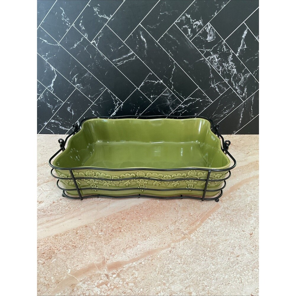 Temp-Tations Old World Green Rectangle Baker Dish 13x11 with Metal Stand